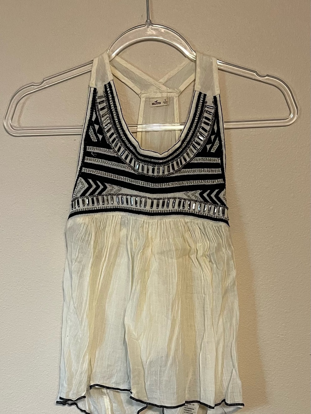 Hollister Boho Beaded Racerback Tank Top Off White Cream Size S